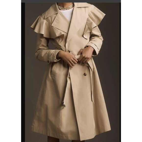 Anthropologie Jackets & Blazers - NWT Anthropologie Khaki Belted Trench Ruffled Coat - Size Large
